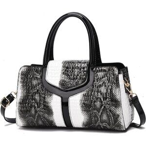 Women's White Black Faux Leather Top handle Crocodile Crossbody Satchel Bag